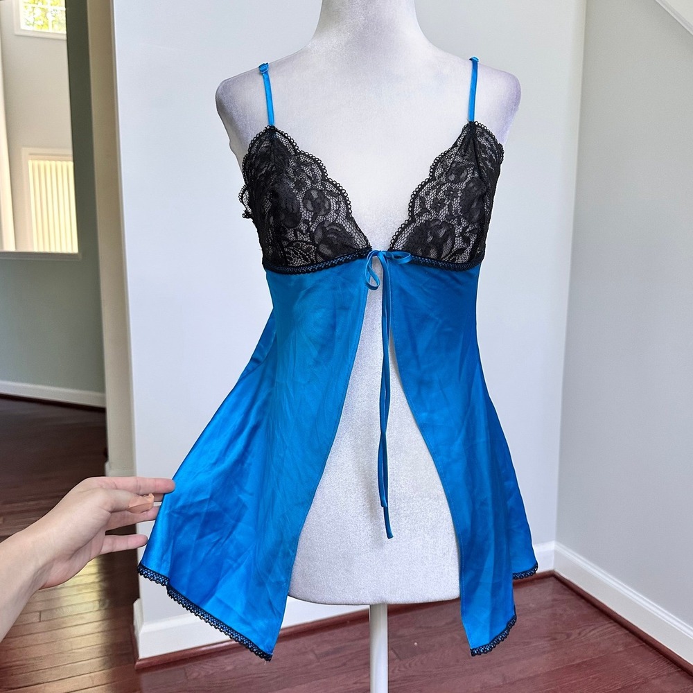 Vintage 2001 Victorias Secret Black Lace Blue Satin Front Tie Mini Cami Top